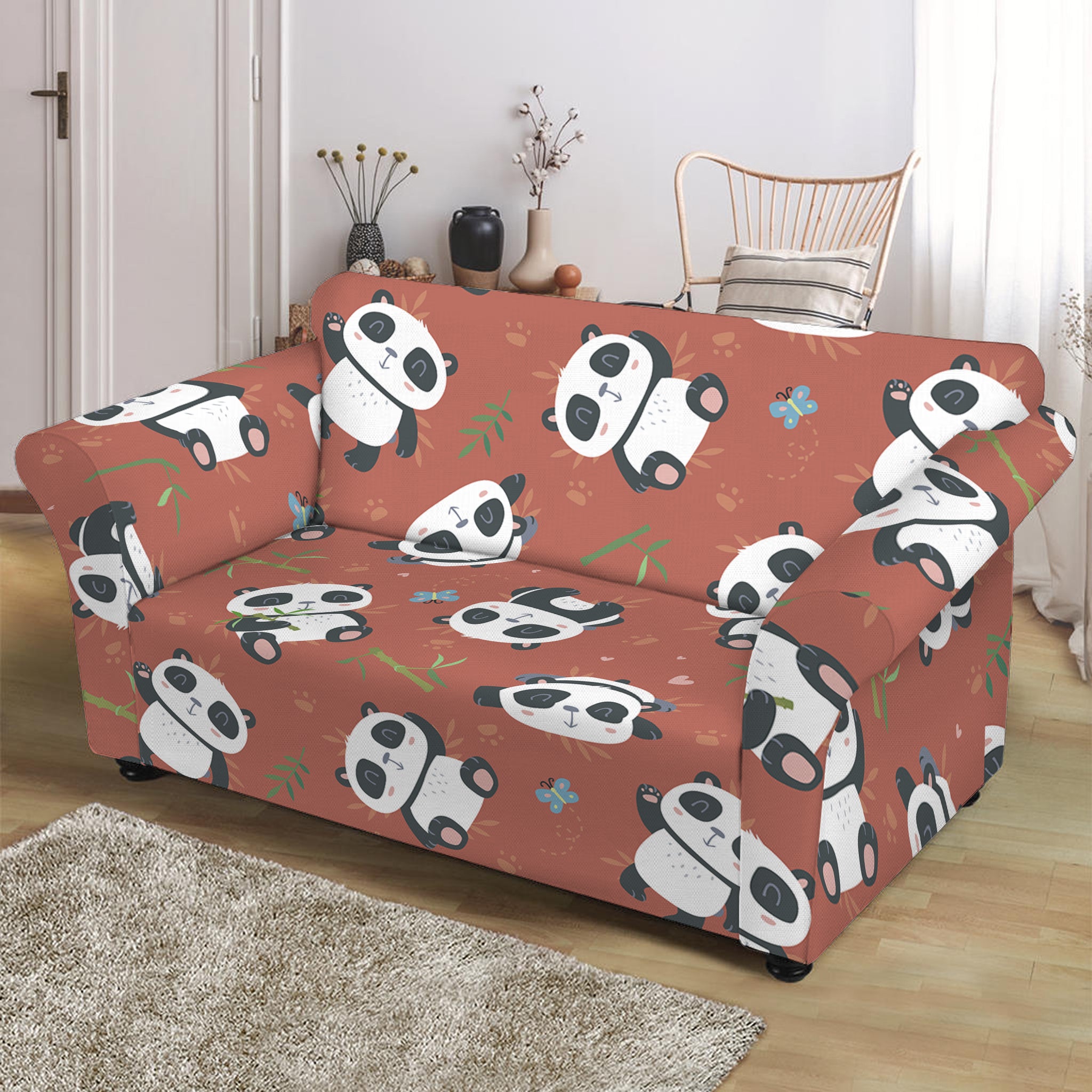 Baby Panda And Bamboo Pattern Print Loveseat Slipcover