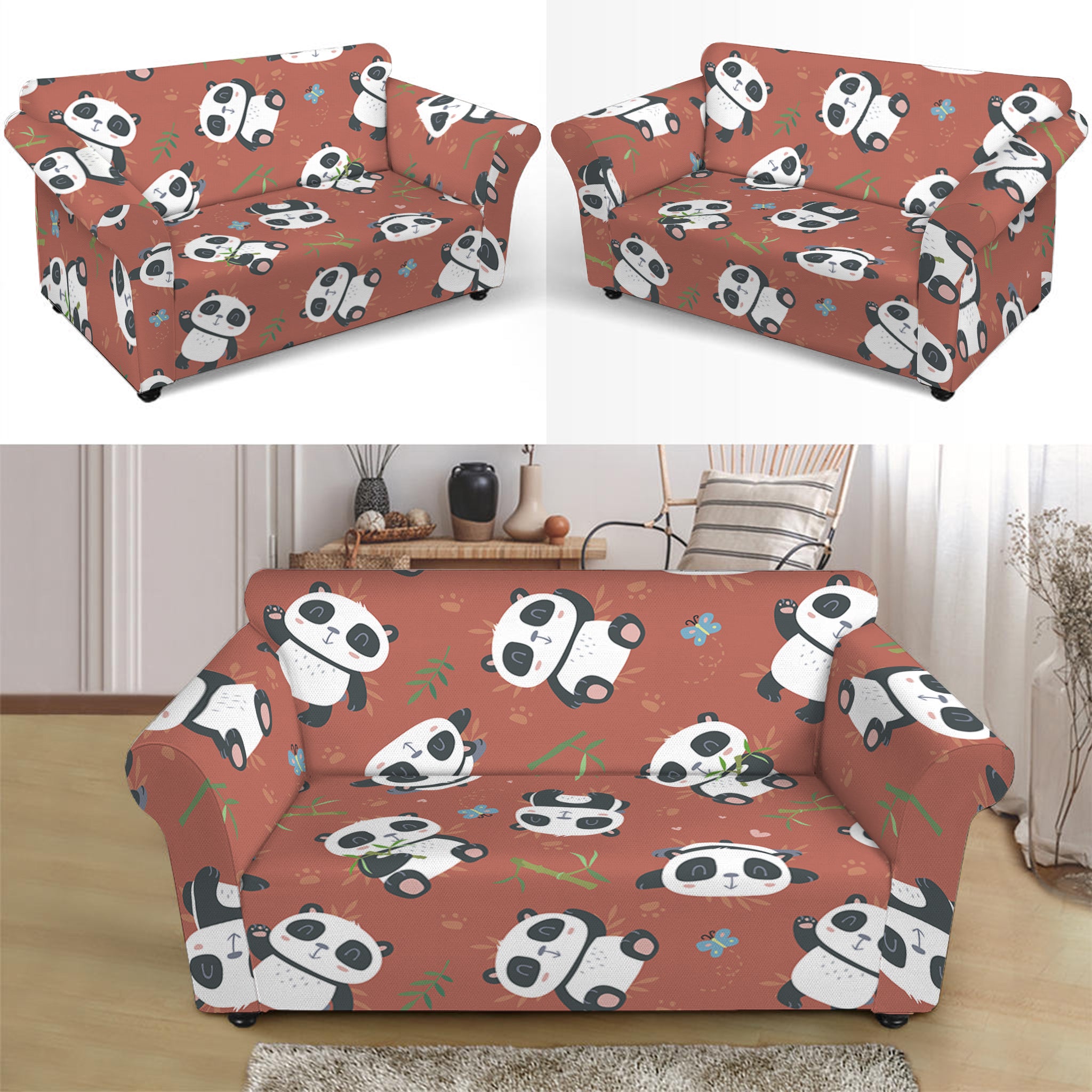 Baby Panda And Bamboo Pattern Print Loveseat Slipcover