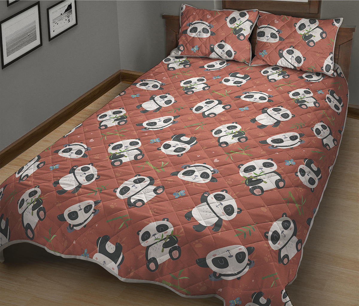 Baby Panda And Bamboo Pattern Print Quilt Bed Set