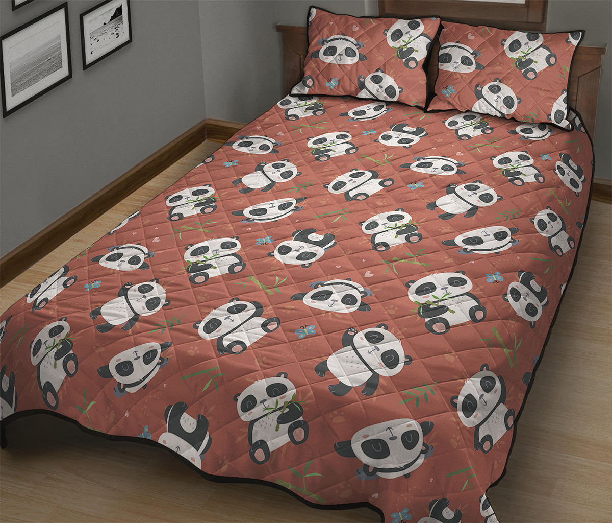 Baby Panda And Bamboo Pattern Print Quilt Bed Set