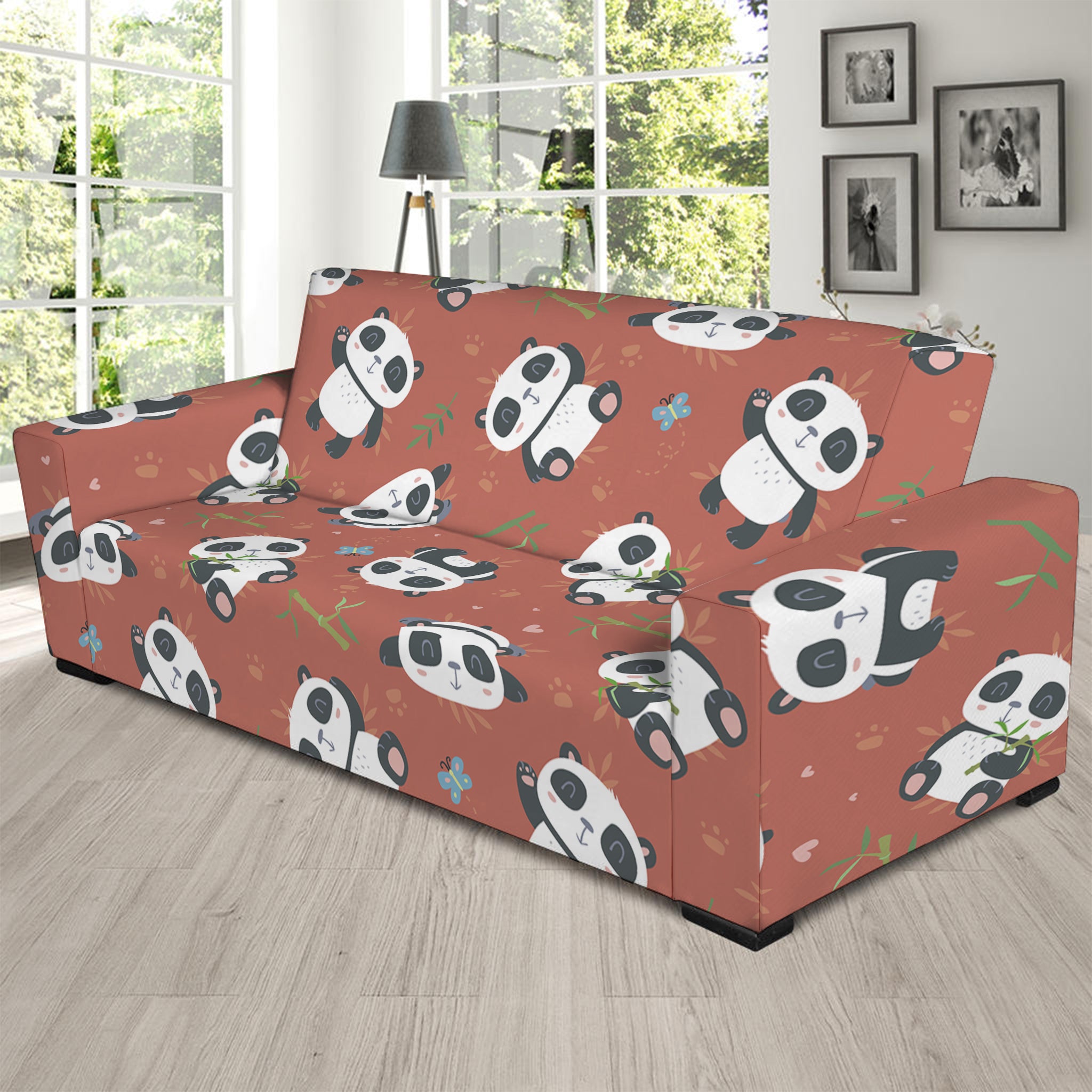 Baby Panda And Bamboo Pattern Print Sofa Slipcover