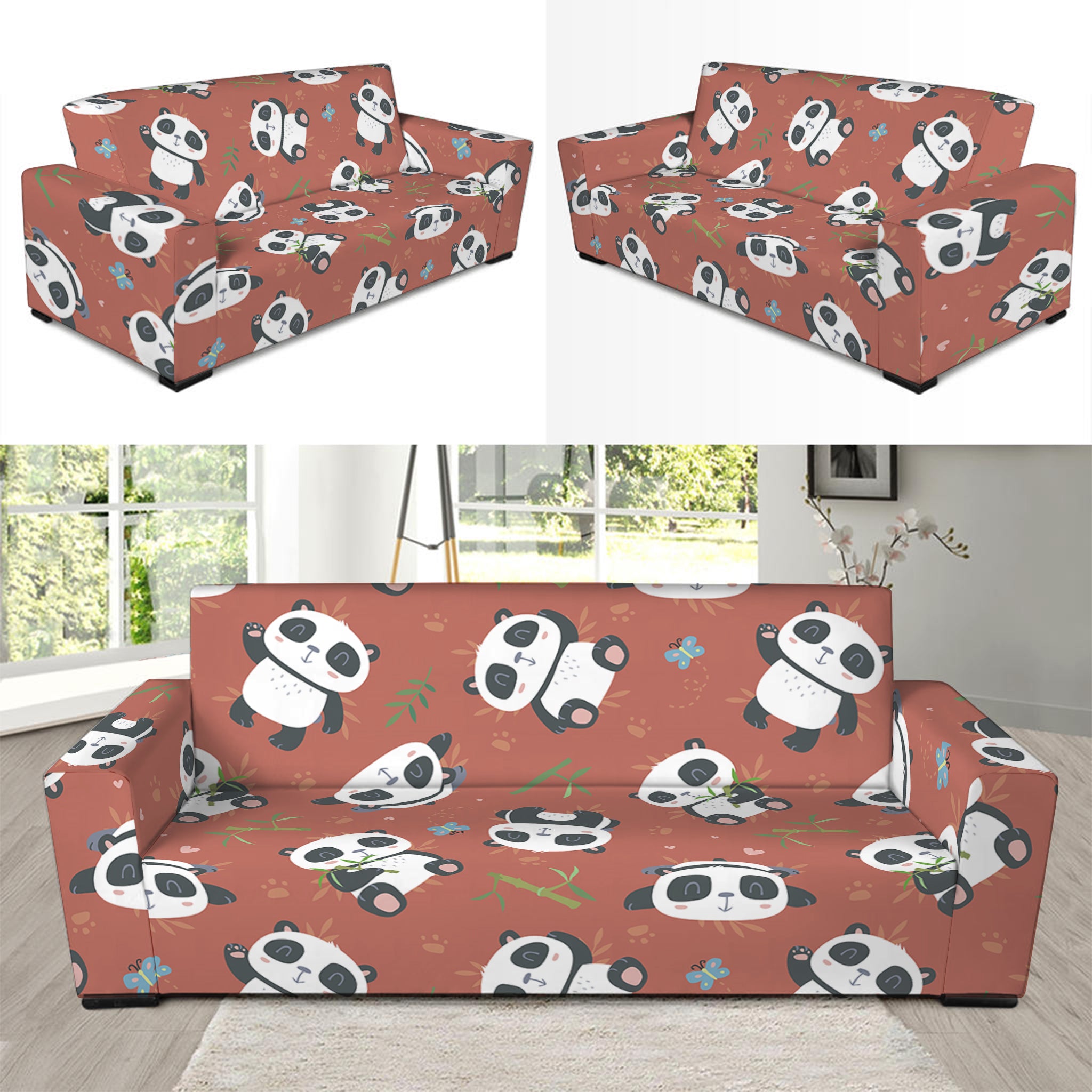 Baby Panda And Bamboo Pattern Print Sofa Slipcover