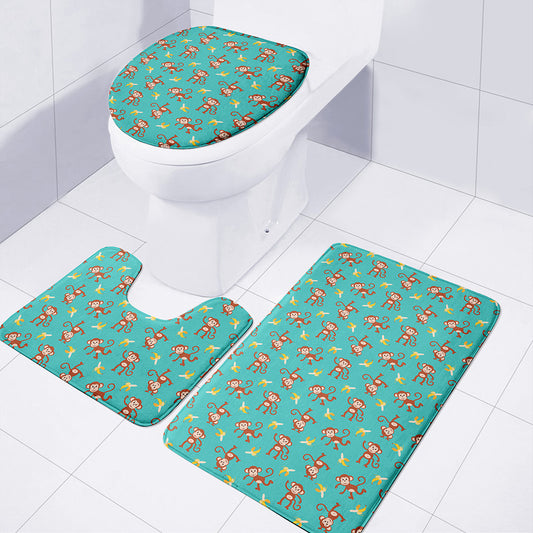 Banana And Monkey Pattern Print 3 Piece Bath Mat Set