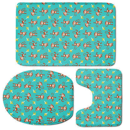 Banana And Monkey Pattern Print 3 Piece Bath Mat Set
