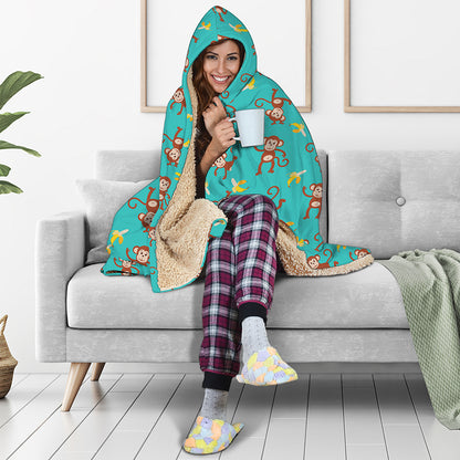 Banana And Monkey Pattern Print Hooded Blanket