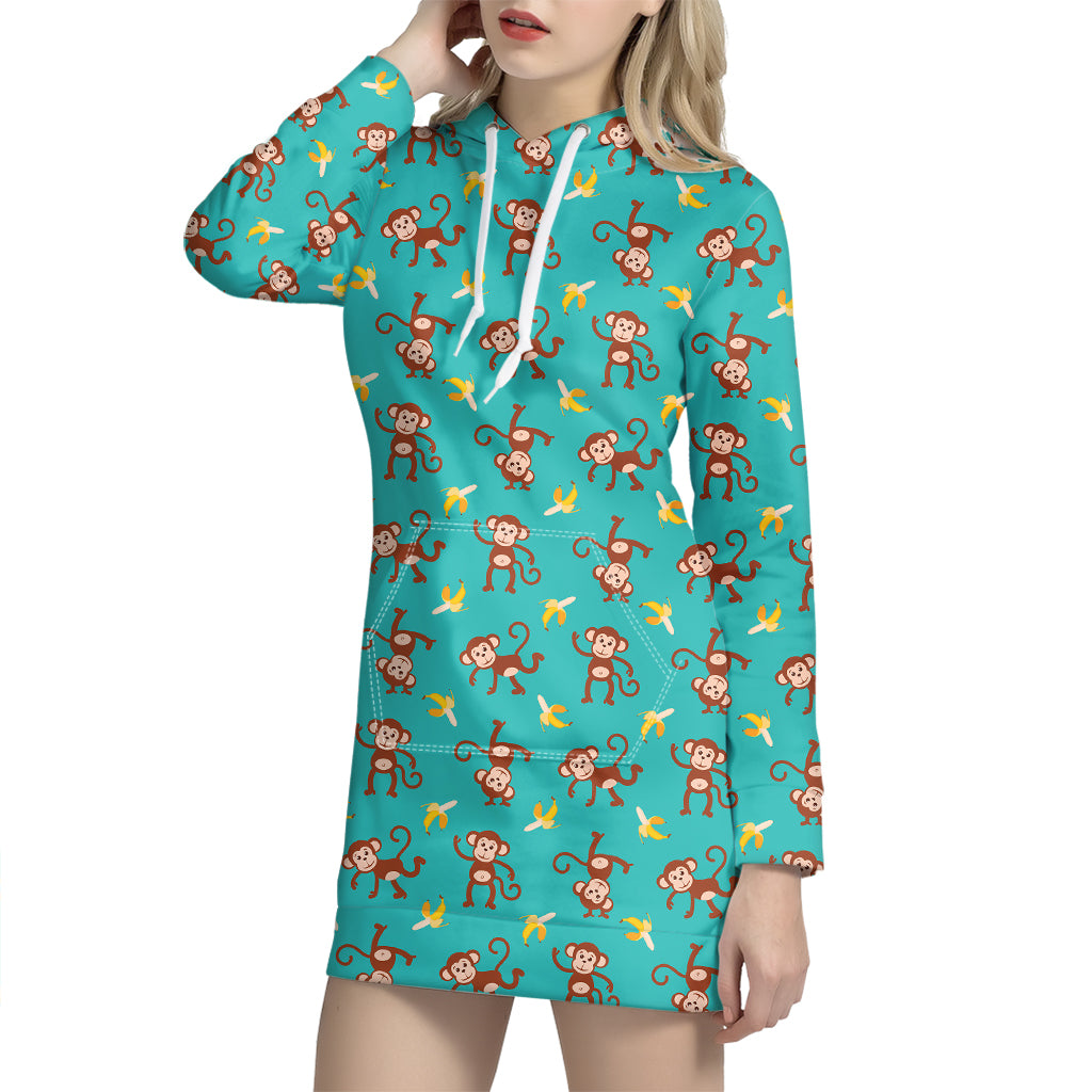 Banana And Monkey Pattern Print Hoodie Dress