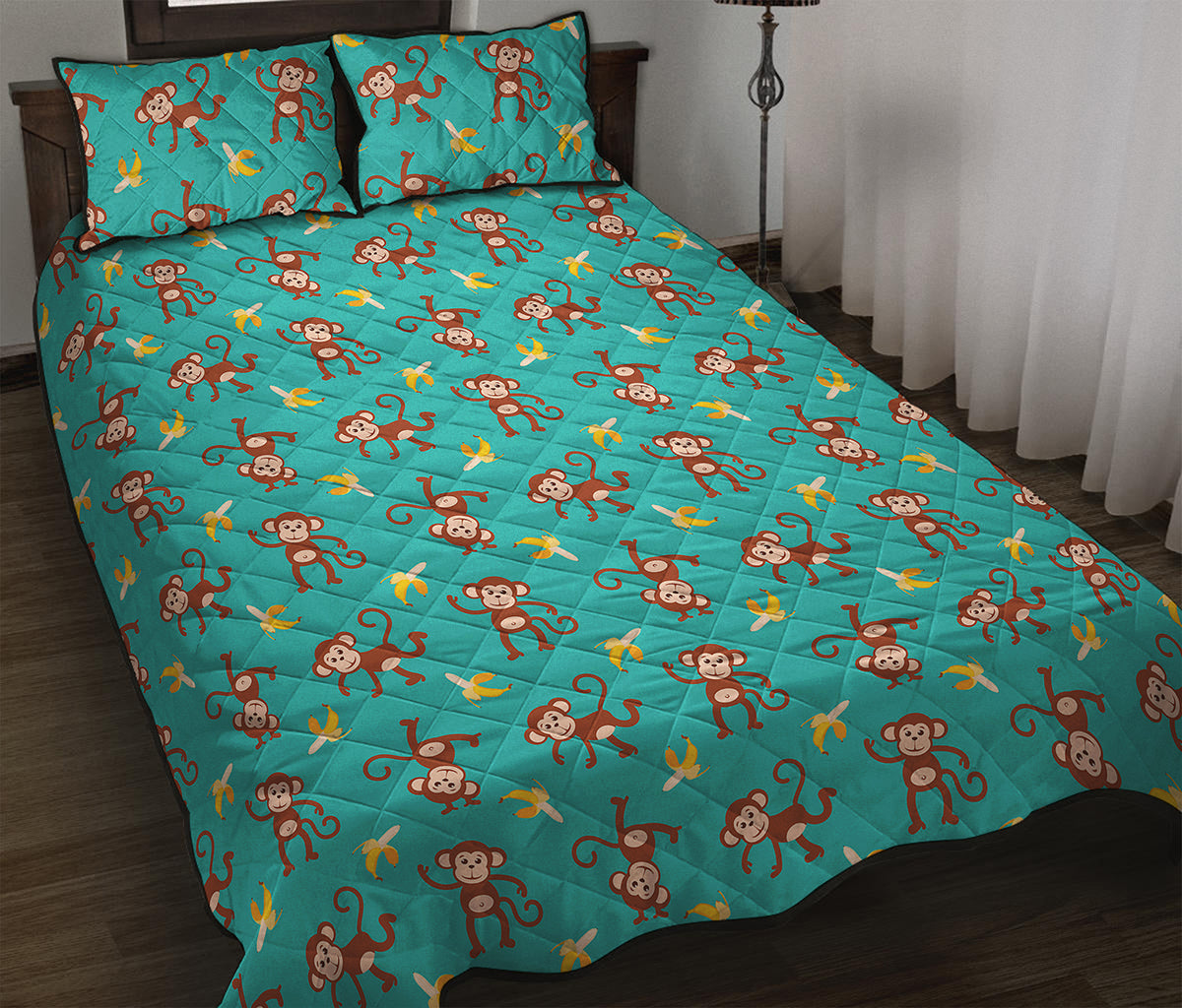 Banana And Monkey Pattern Print Quilt Bed Set