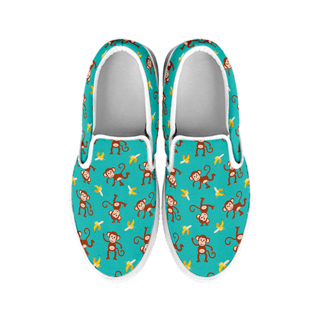 Banana And Monkey Pattern Print White Slip On Shoes