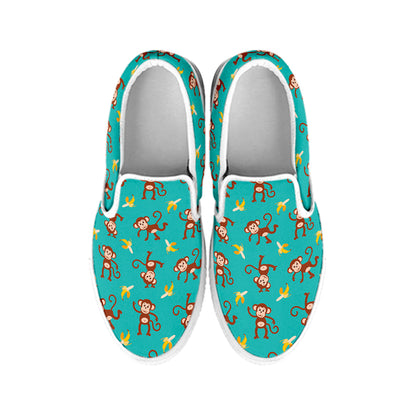 Banana And Monkey Pattern Print White Slip On Shoes