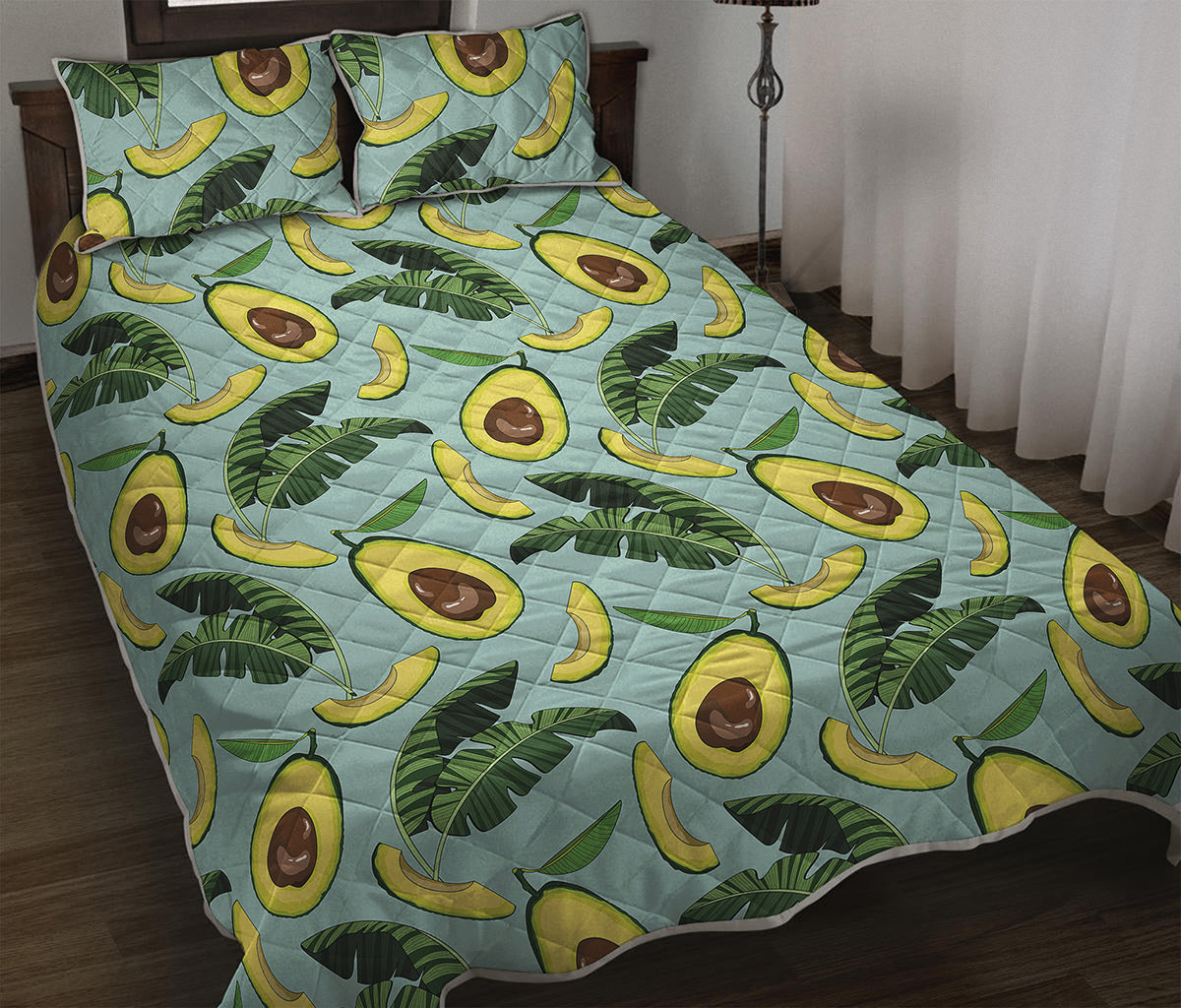 Banana Leaf Avocado Pattern Print Quilt Bed Set