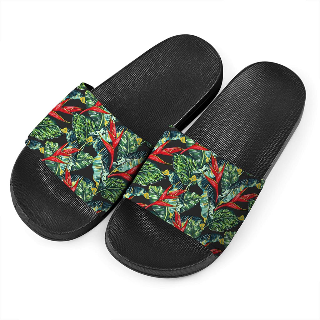 Banana Leaf Hawaiian Pattern Print Black Slide Sandals