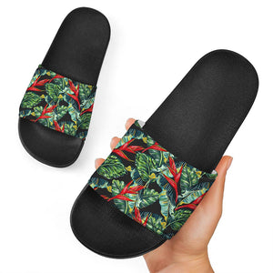 Banana Leaf Hawaiian Pattern Print Black Slide Sandals