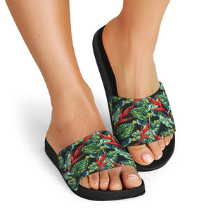 Banana Leaf Hawaiian Pattern Print Black Slide Sandals