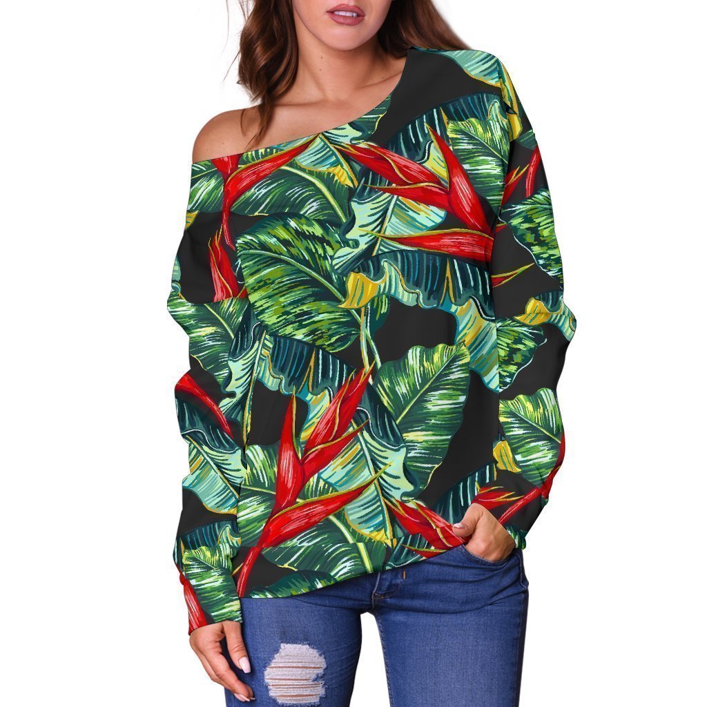 Banana Leaf Hawaiian Pattern Print Off Shoulder Sweatshirt GearFrost