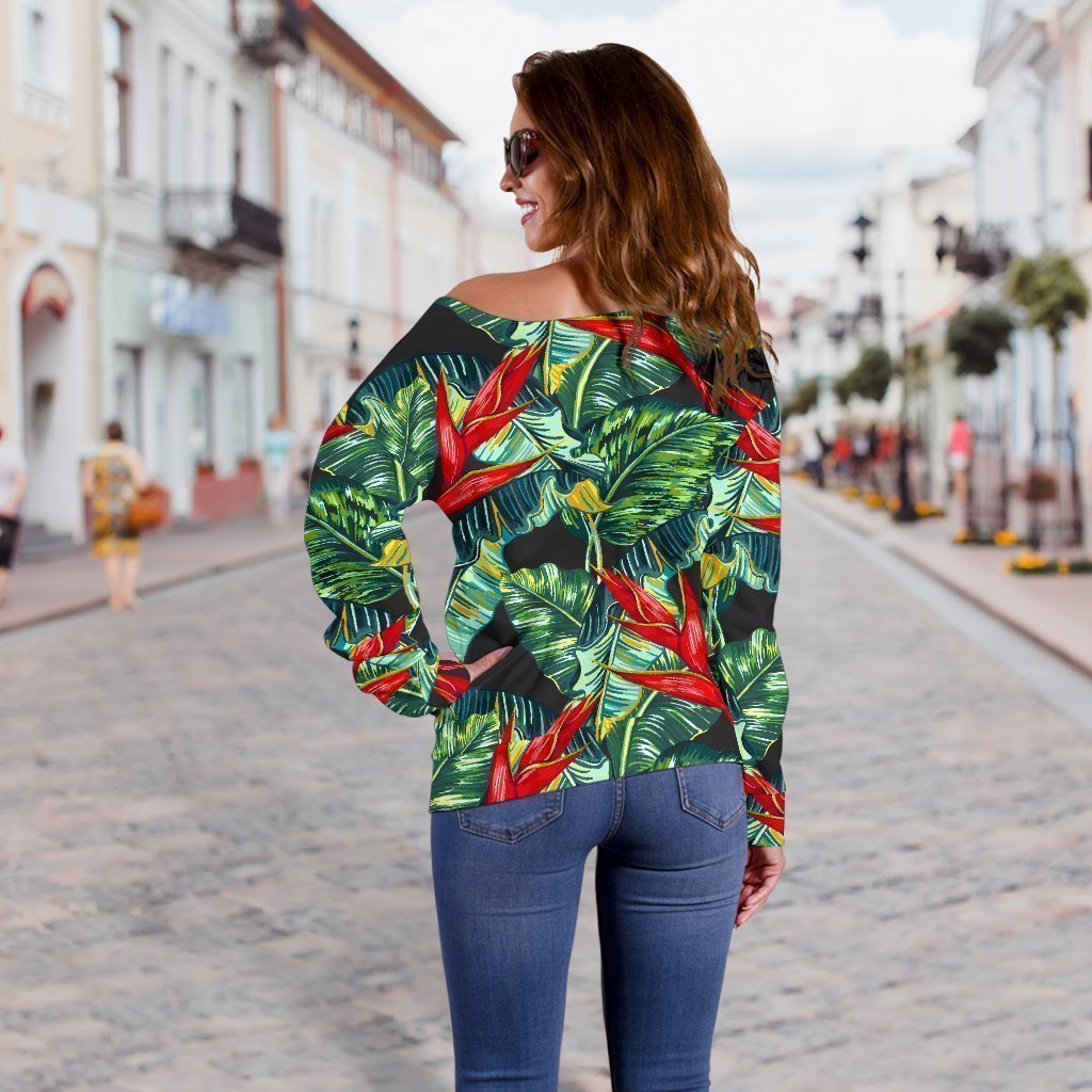 Banana Leaf Hawaiian Pattern Print Off Shoulder Sweatshirt GearFrost