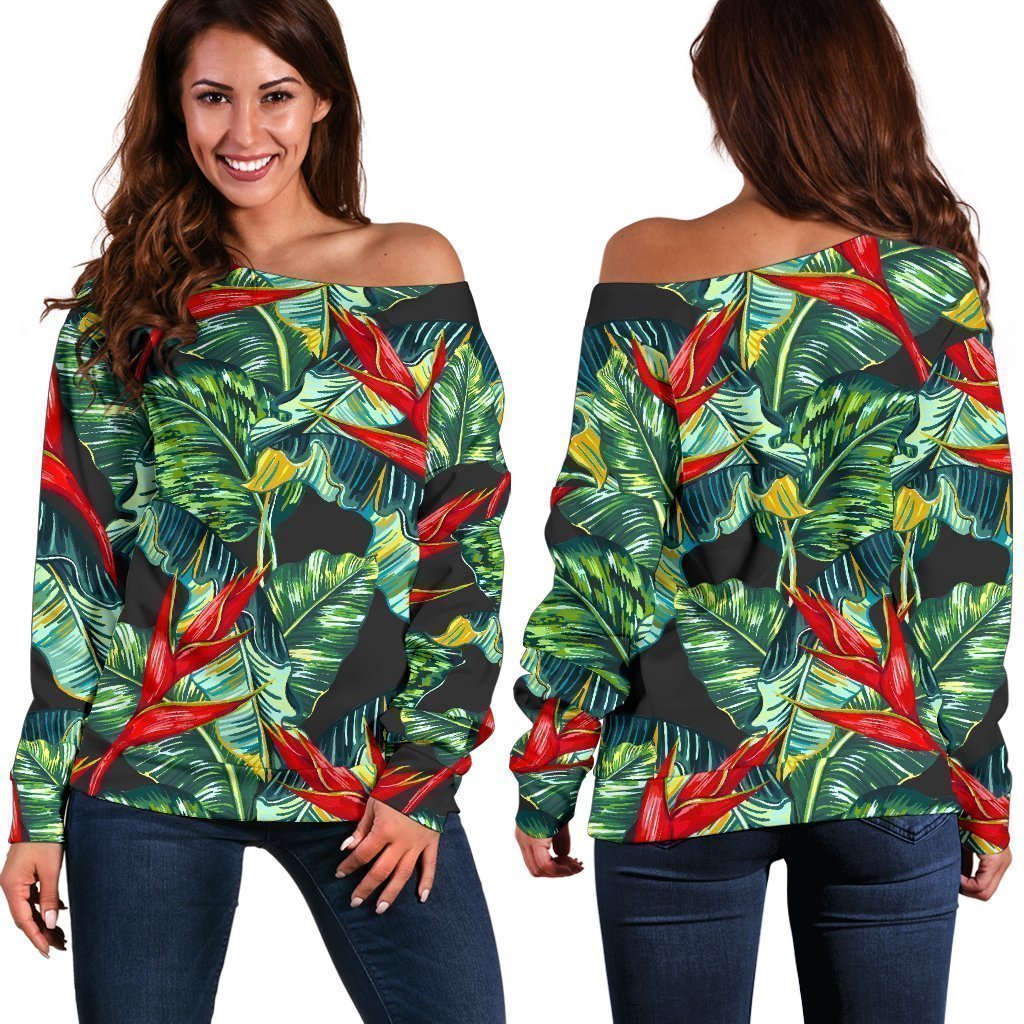 Banana Leaf Hawaiian Pattern Print Off Shoulder Sweatshirt GearFrost