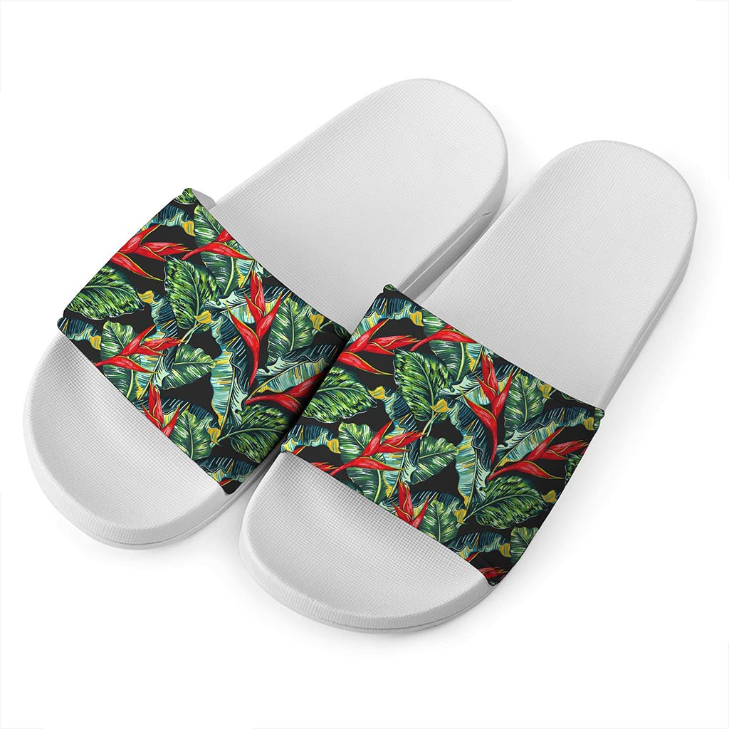 Banana Leaf Hawaiian Pattern Print White Slide Sandals