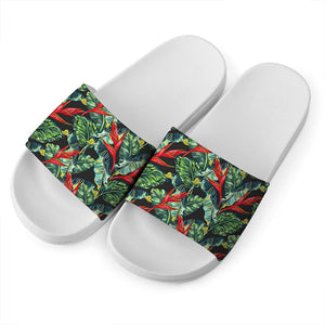 Banana Leaf Hawaiian Pattern Print White Slide Sandals