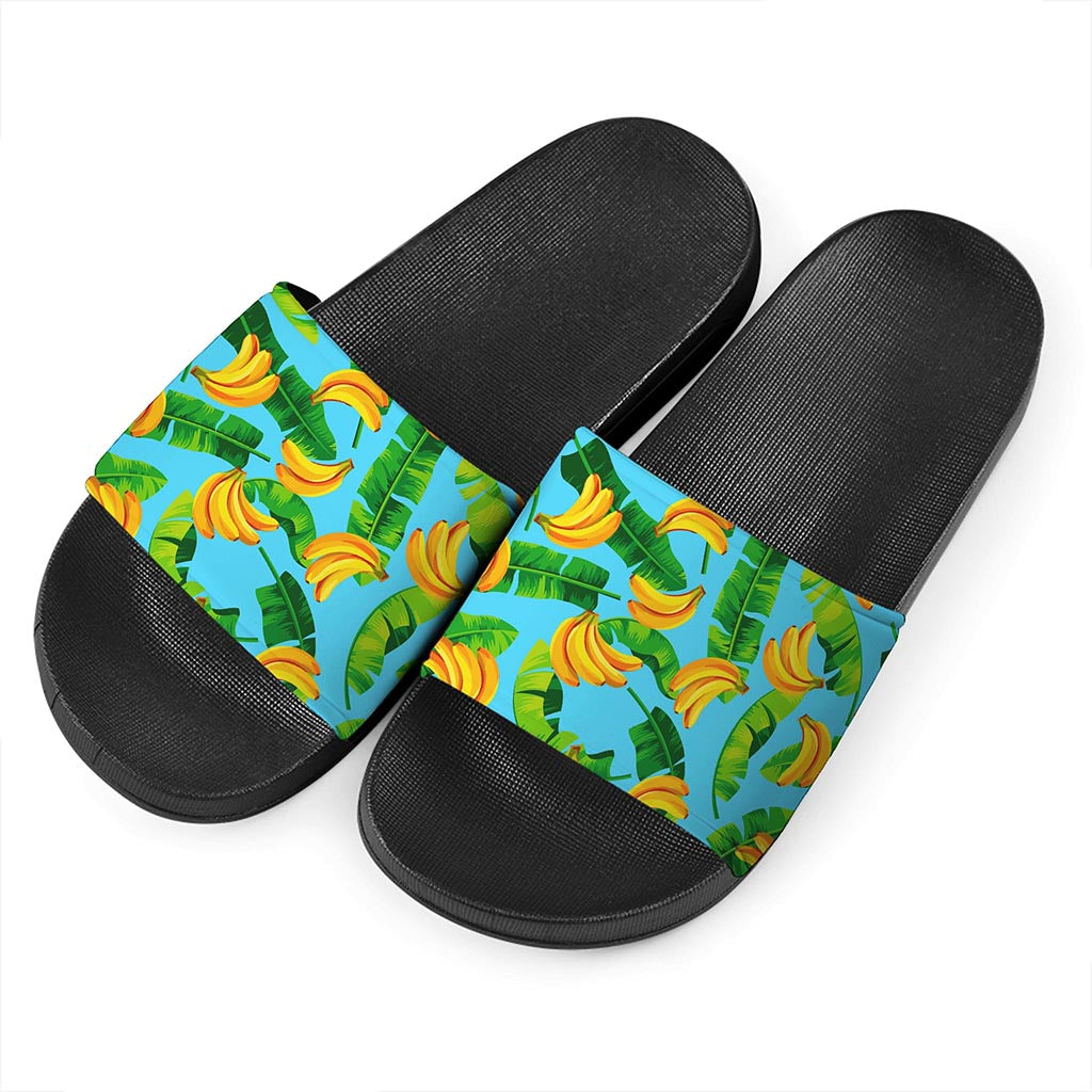 Banana Leaf Pattern Print Black Slide Sandals