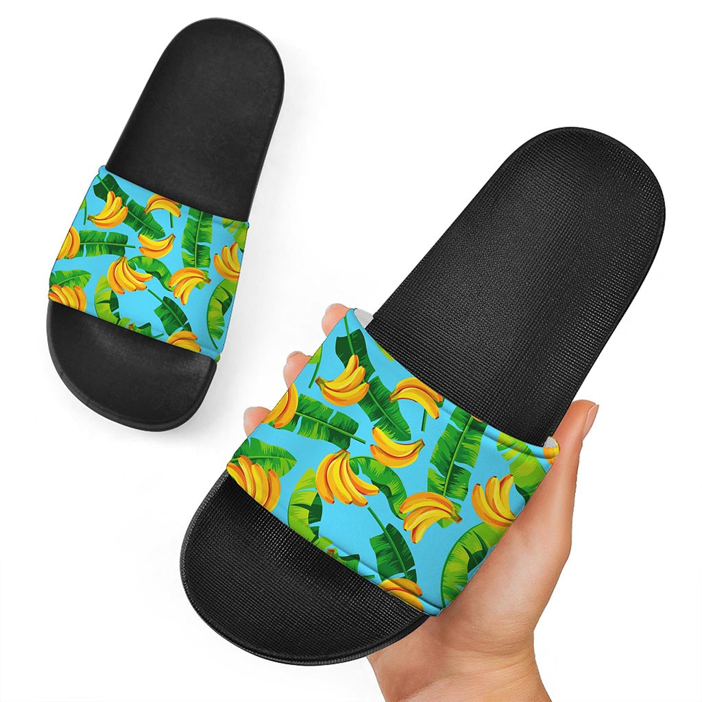 Banana Leaf Pattern Print Black Slide Sandals