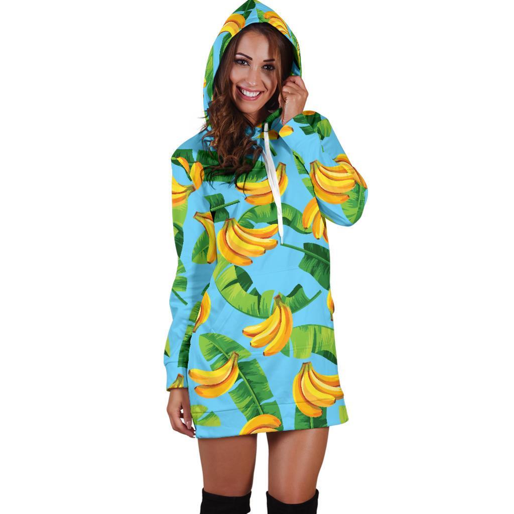 Banana Leaf Pattern Print Hoodie Dress GearFrost