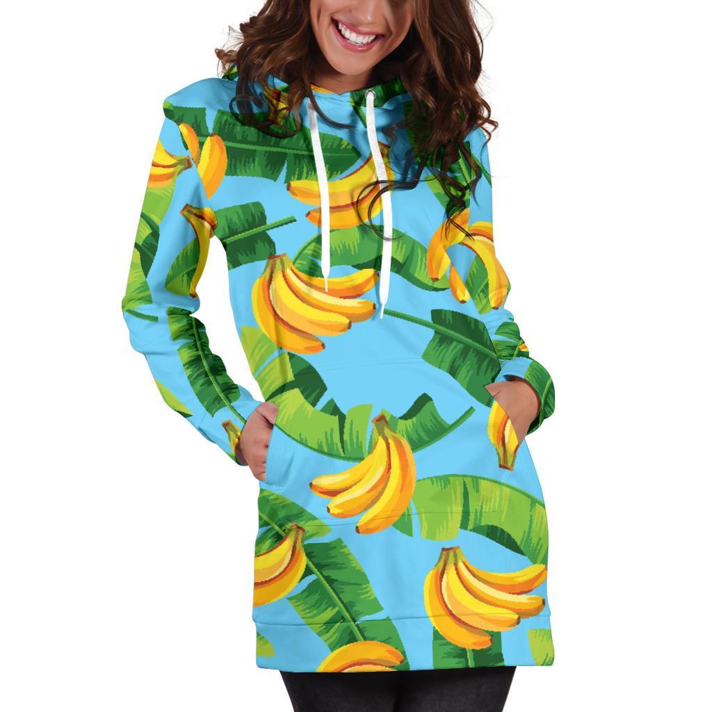 Banana Leaf Pattern Print Hoodie Dress GearFrost