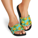 Banana Palm Leaf Pattern Print Black Slide Sandals