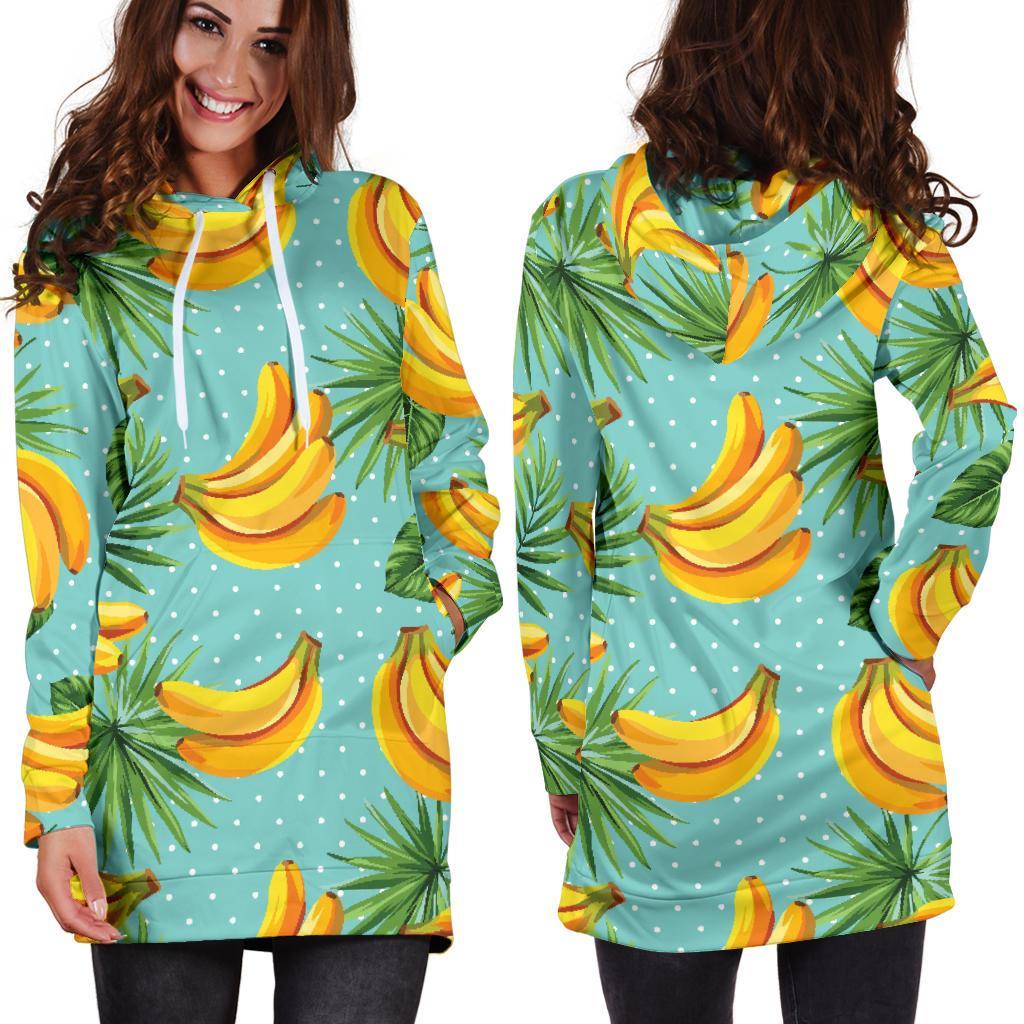Banana Palm Leaf Pattern Print Hoodie Dress GearFrost
