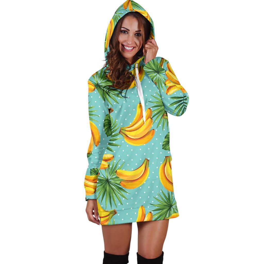 Banana Palm Leaf Pattern Print Hoodie Dress GearFrost