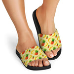 Banana Pineapple Pattern Print Black Slide Sandals