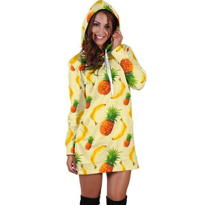 Banana Pineapple Pattern Print Hoodie Dress GearFrost