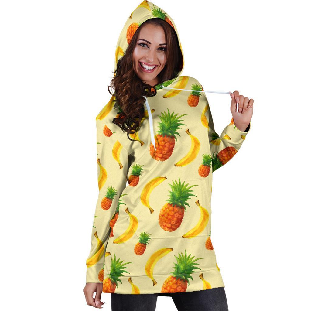 Banana Pineapple Pattern Print Hoodie Dress GearFrost