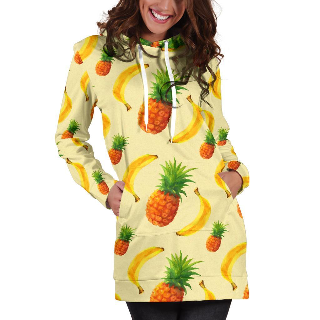 Banana Pineapple Pattern Print Hoodie Dress GearFrost