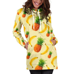 Banana Pineapple Pattern Print Hoodie Dress GearFrost