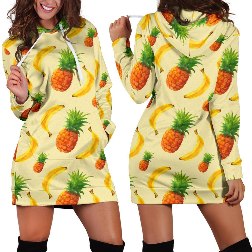 Banana Pineapple Pattern Print Hoodie Dress GearFrost