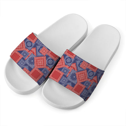 Bandanna Patchwork Pattern Print White Slide Sandals