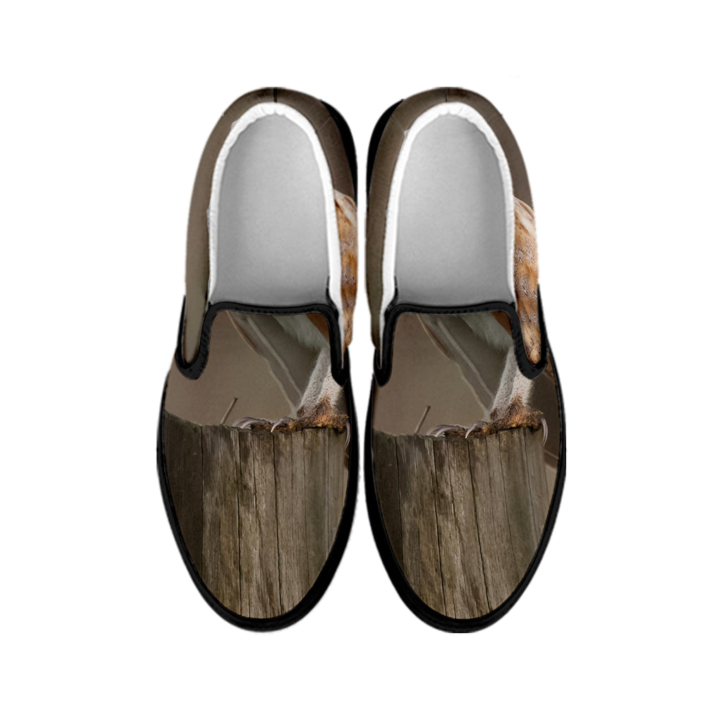 Barn Owl Print Black Slip On Shoes