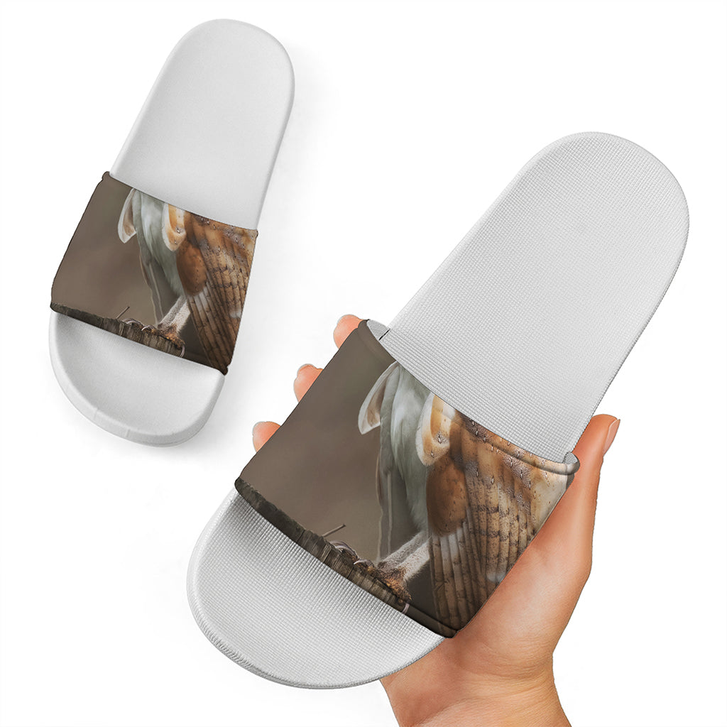 Barn Owl Print White Slide Sandals