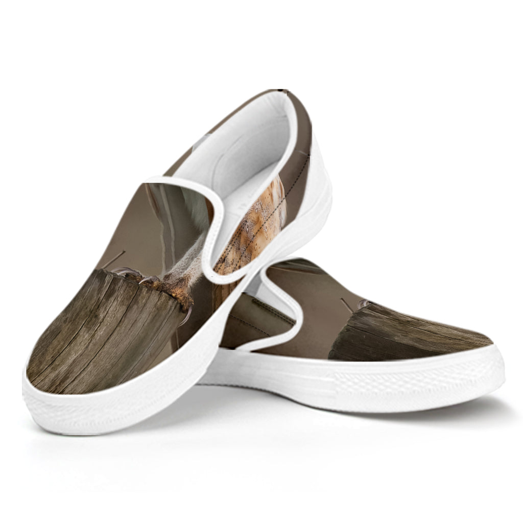 Barn Owl Print White Slip On Shoes