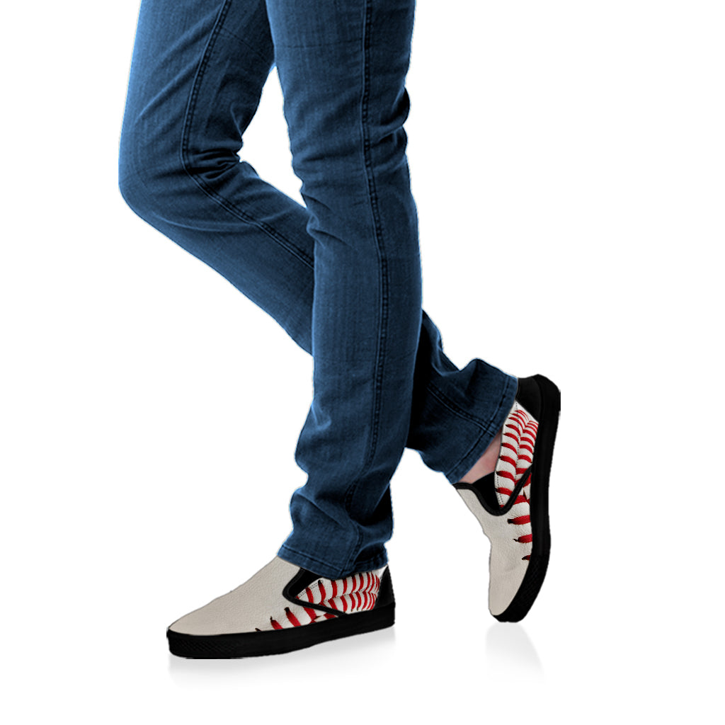 Baseball Stitching Print Black Slip On Shoes