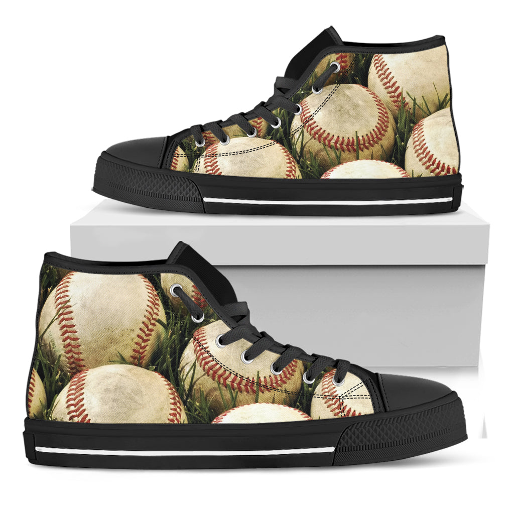 Baseballs On Field Print Black High Top Shoes