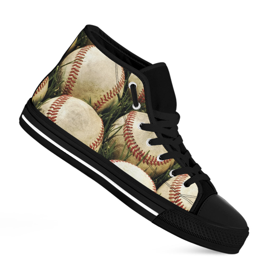 Baseballs On Field Print Black High Top Shoes