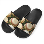 Baseballs On Field Print Black Slide Sandals
