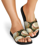 Baseballs On Field Print Black Slide Sandals