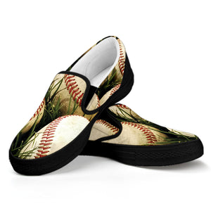 Baseballs On Field Print Black Slip On Shoes