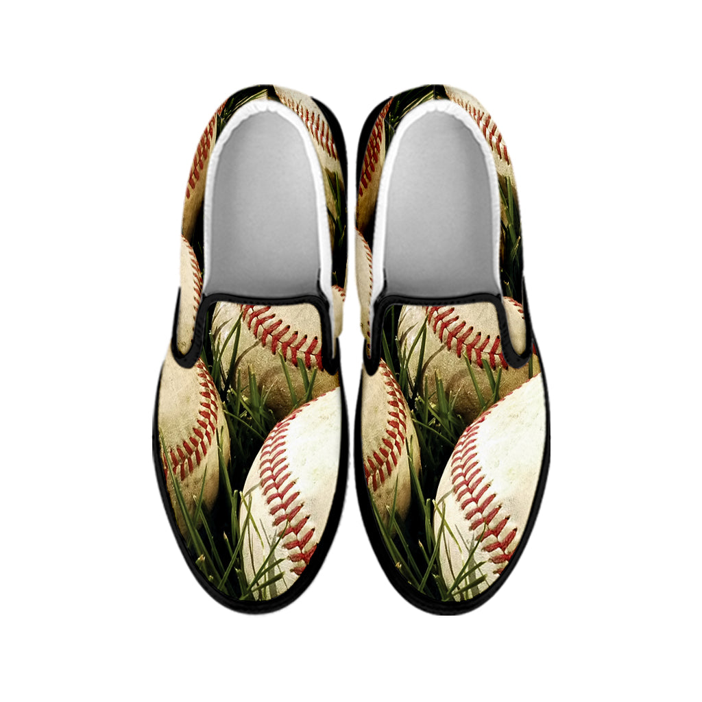 Baseballs On Field Print Black Slip On Shoes