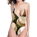 Baseballs On Field Print One Piece High Cut Swimsuit