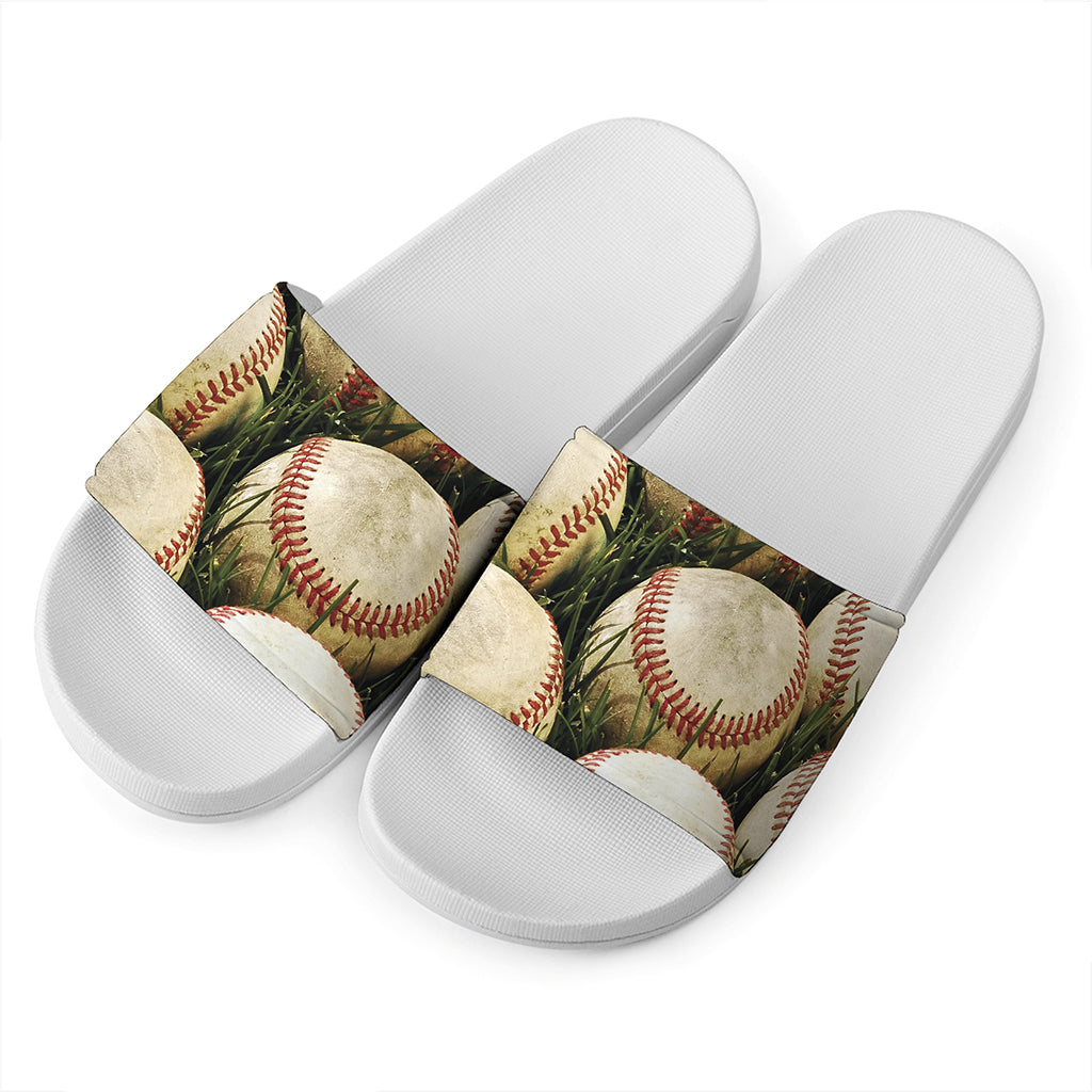 Baseballs On Field Print White Slide Sandals
