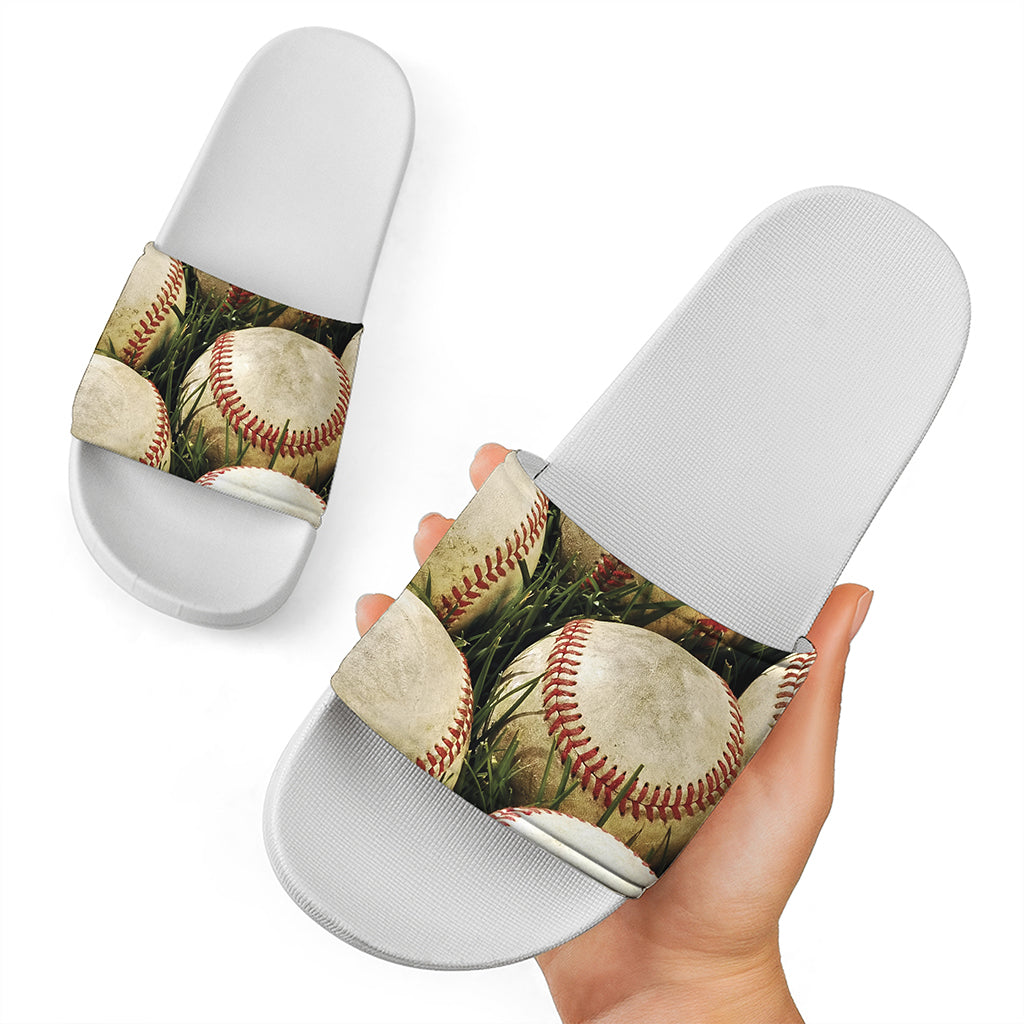 Baseballs On Field Print White Slide Sandals