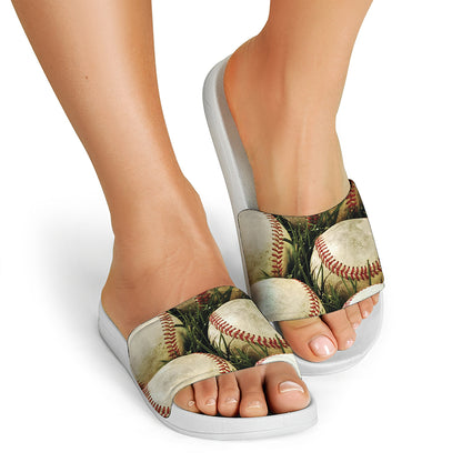 Baseballs On Field Print White Slide Sandals